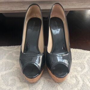 Jimmy Choo Black Patent Peep Toe Wedge